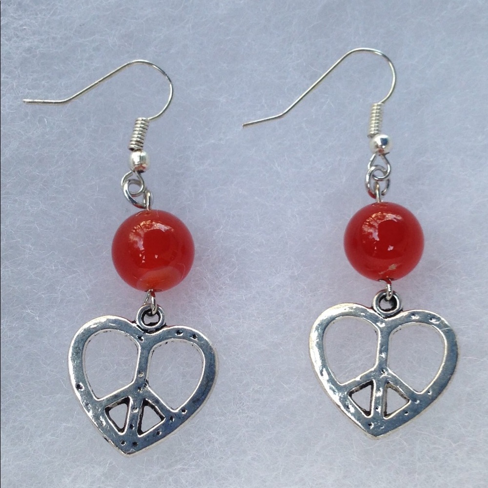Red Carnelian Silver Heart Dangle Earrings